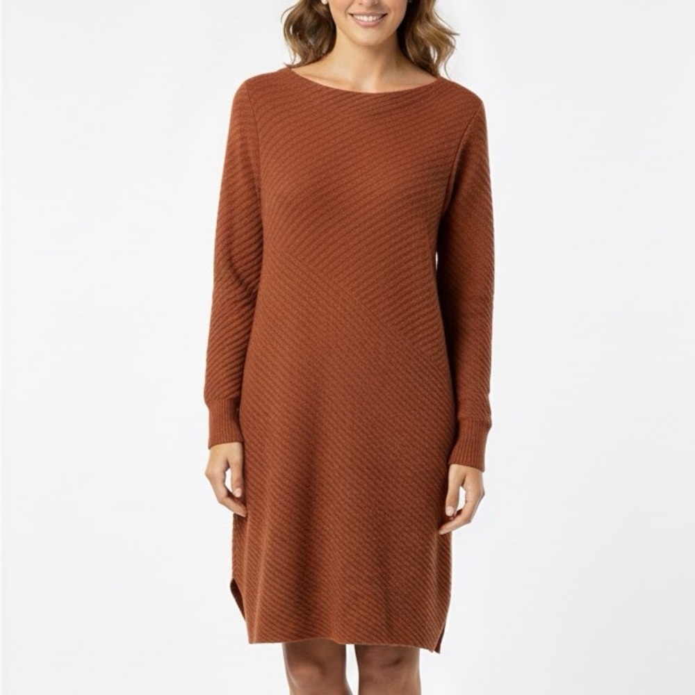 OSKA Dark Burnt Orange 100% Wool Bateau Neck Ribbed Sweater Dress Size 1/S
